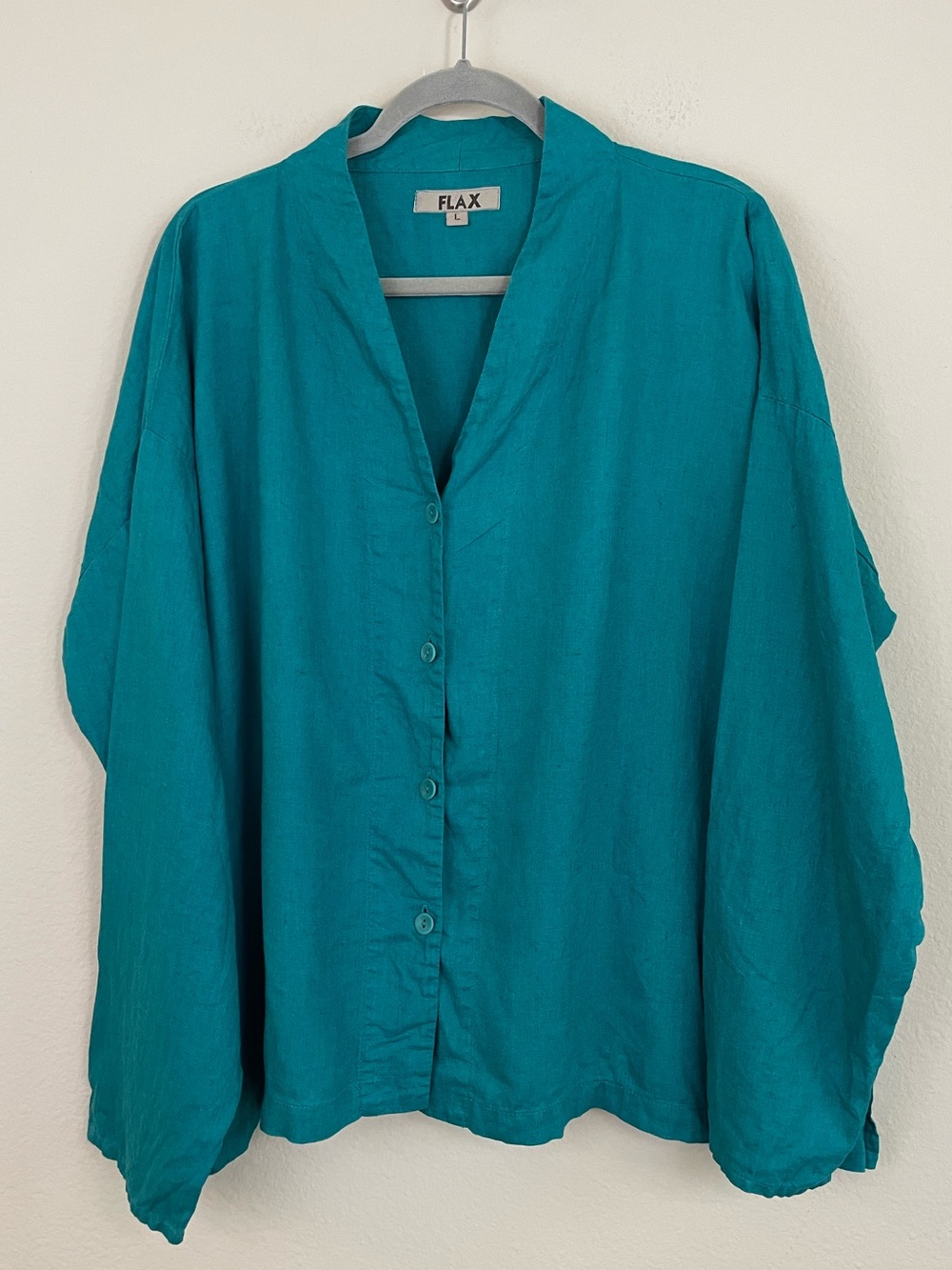 FLAX Teal Linen Button-Front Relaxed Cadigan Jacket Size Large Lagenlook